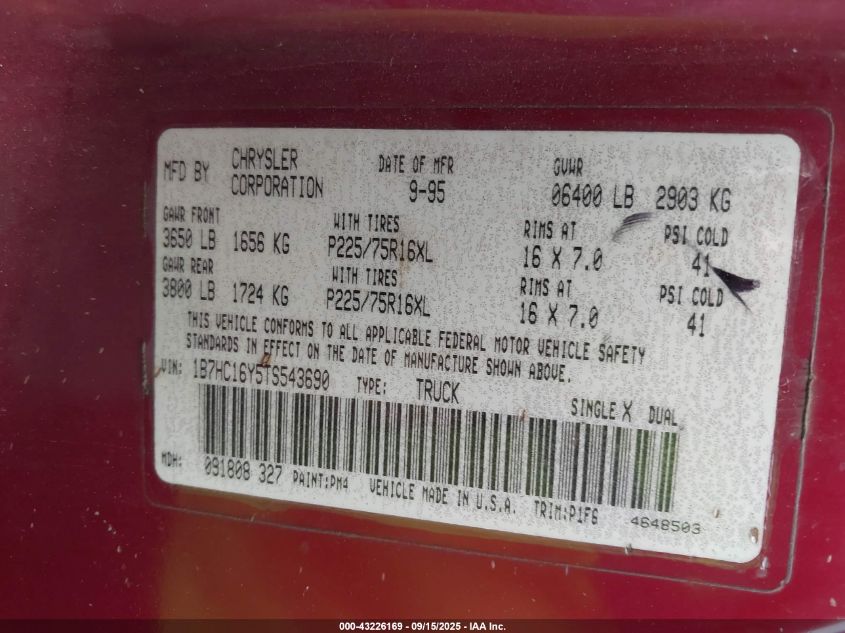 1996 Dodge Ram 1500 VIN: 1B7HC16Y5TS543690 Lot: 43226169
