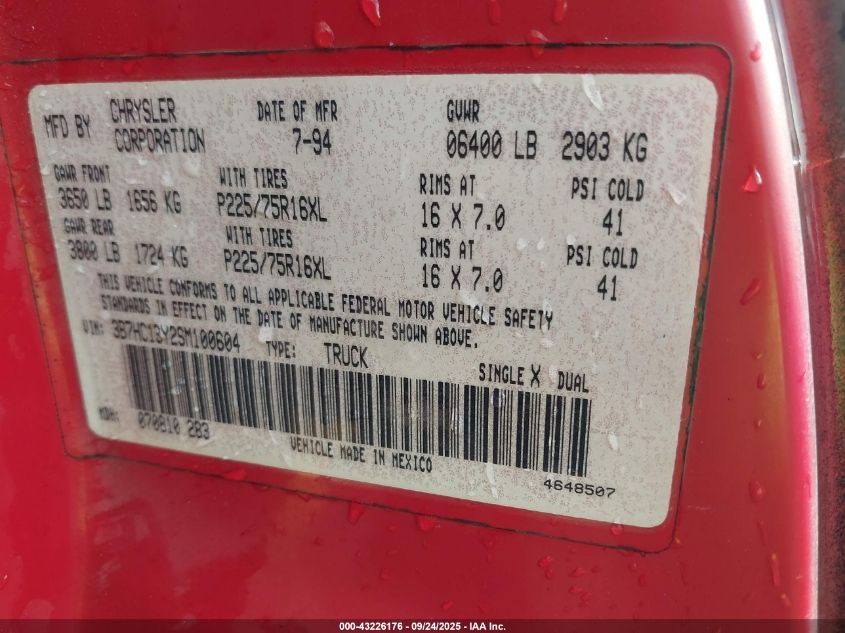 1995 Dodge Ram 1500 VIN: 3B7HC13Y2SM100604 Lot: 43226176