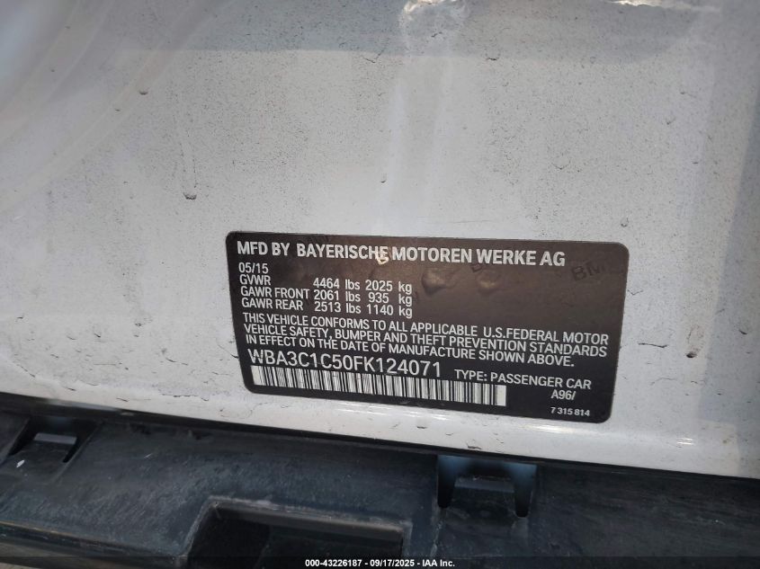 2015 BMW 328I VIN: WBA3C1C50FK124071 Lot: 43226187