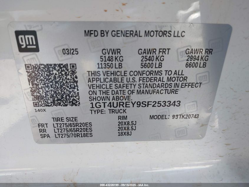 2025 GMC Sierra 2500Hd VIN: 1GT4UREY9SF253343 Lot: 43226199