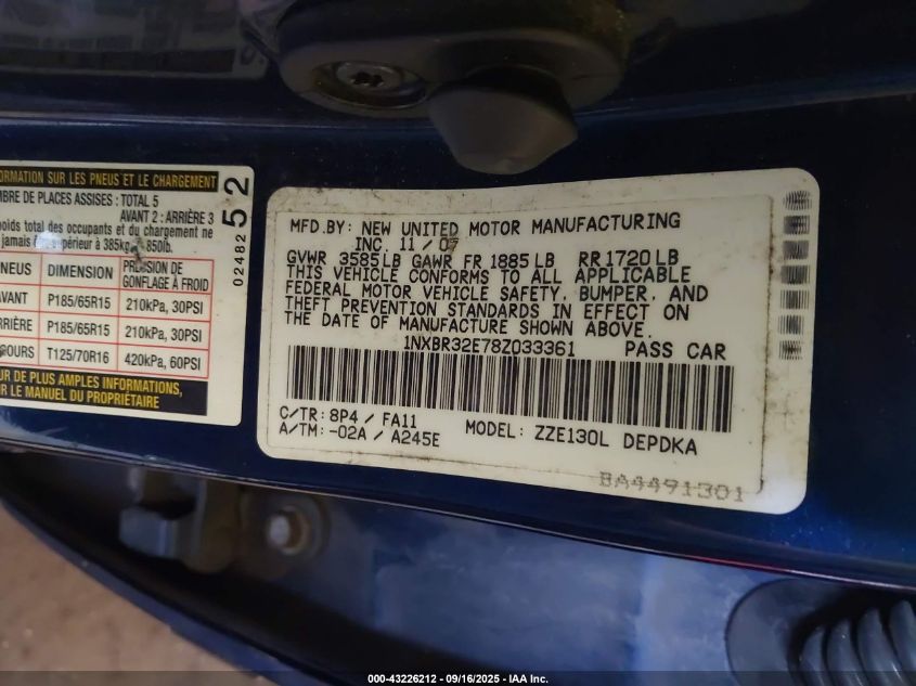 2008 Toyota Corolla Ce VIN: 1NXBR32E78Z033361 Lot: 43226212