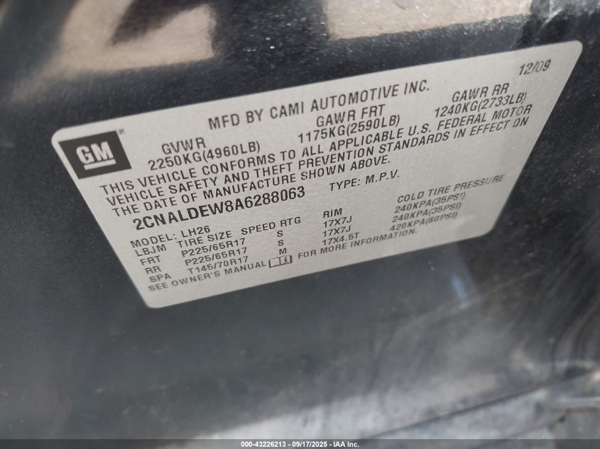 2010 Chevrolet Equinox Lt VIN: 2CNALDEW8A6288063 Lot: 43226213