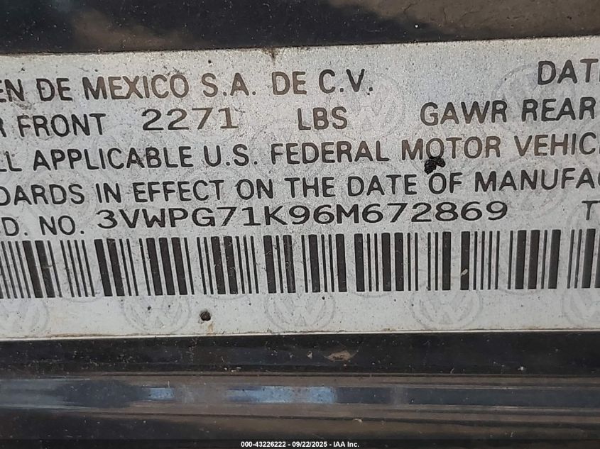 2006 Volkswagen Jetta Value Edition VIN: 3VWPG71K96M672869 Lot: 43226222