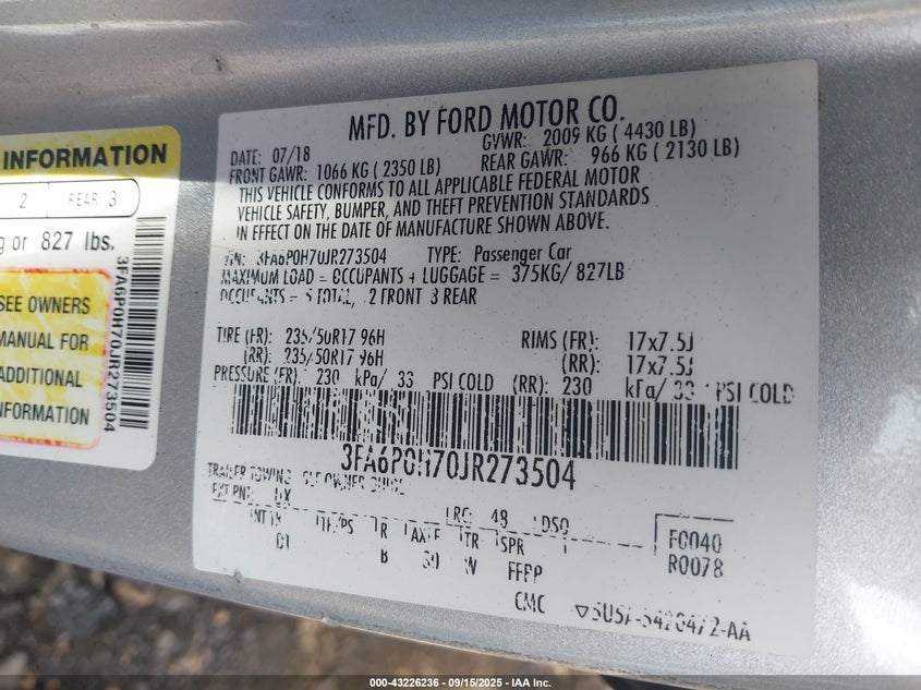 2018 Ford Fusion Se VIN: 3FA6P0H70JR273504 Lot: 43226236