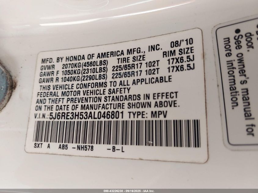 2010 Honda Cr-V Ex VIN: 5J6RE3H53AL046801 Lot: 43226238