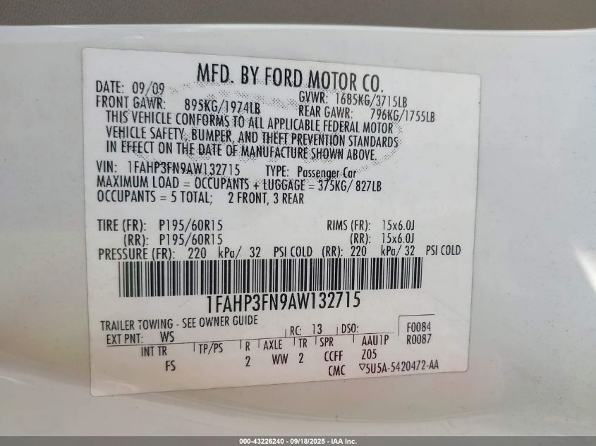 2010 Ford Focus Se VIN: 1FAHP3FN9AW132715 Lot: 43226240