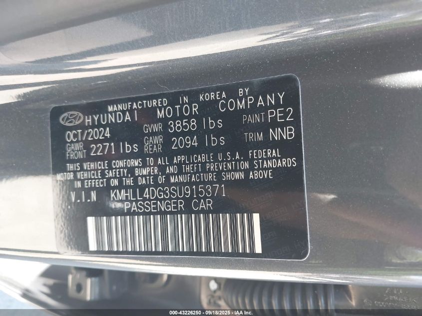 2025 Hyundai Elantra Se VIN: KMHLL4DG3SU915371 Lot: 43226250