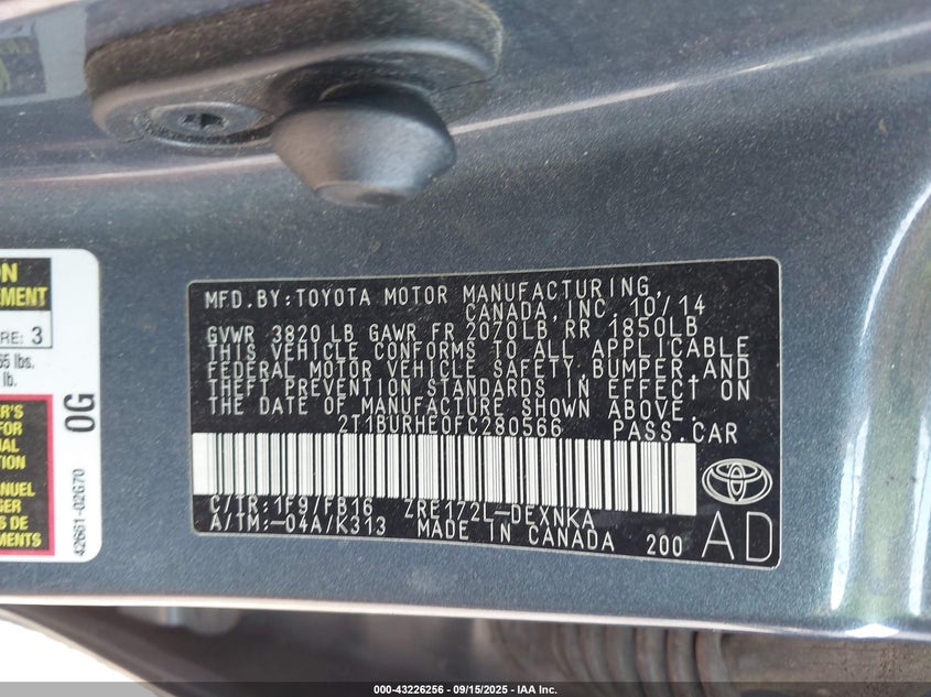 2015 Toyota Corolla Le Plus VIN: 2T1BURHE0FC280566 Lot: 43226256