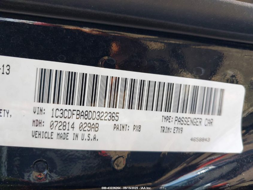 2013 Dodge Dart Sxt VIN: 1C3CDFBA8DD322365 Lot: 43226264