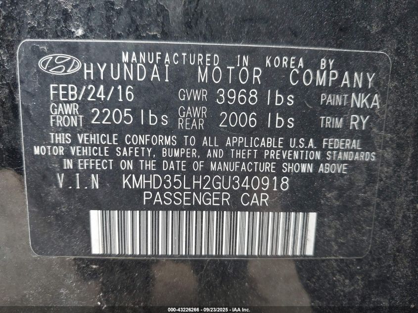 2016 Hyundai Elantra Gt VIN: KMHD35LH2GU340918 Lot: 43226266