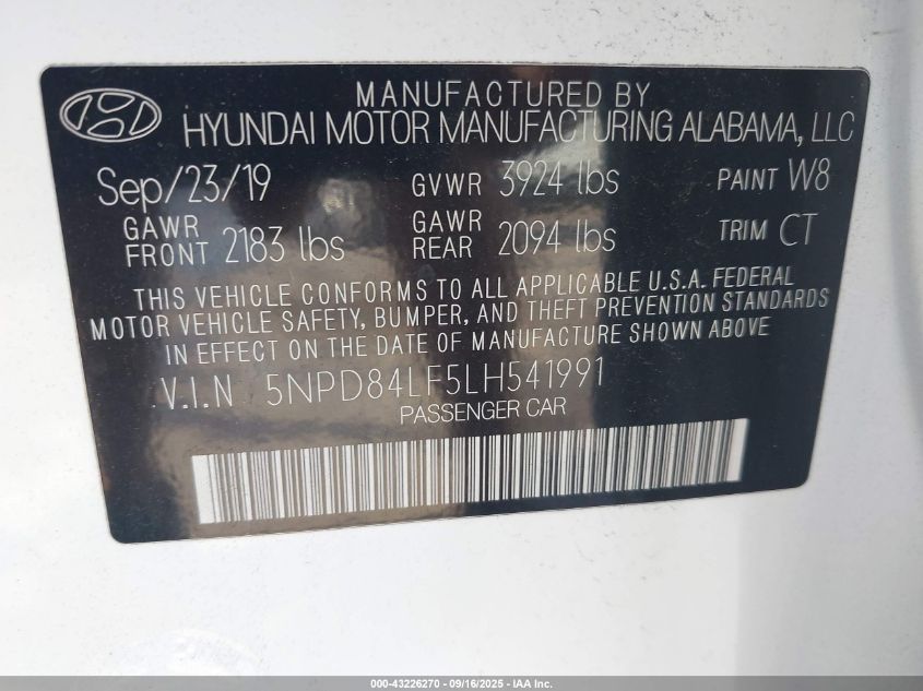 2020 Hyundai Elantra Sel VIN: 5NPD84LF5LH541991 Lot: 43226270