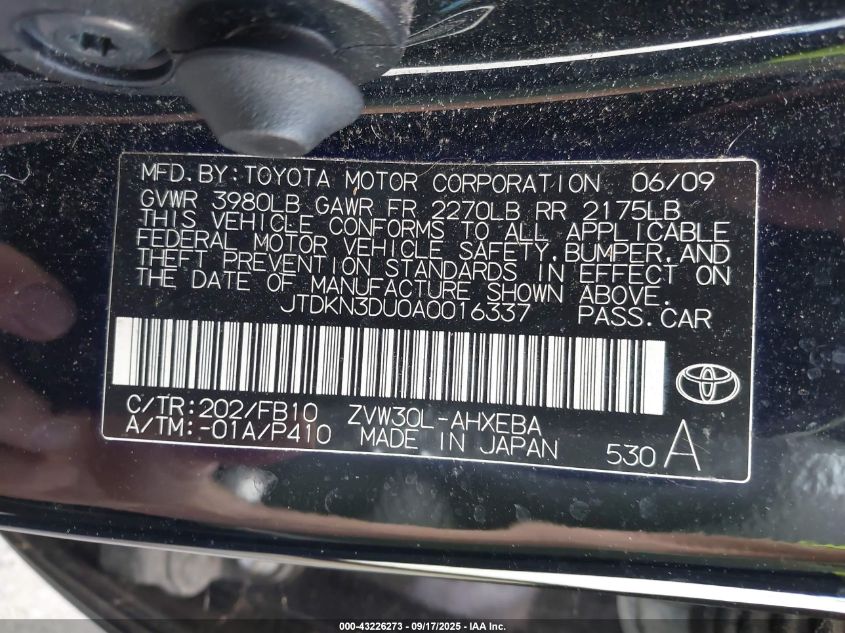 2010 Toyota Prius Iii VIN: JTDKN3DU0A0016337 Lot: 43226273