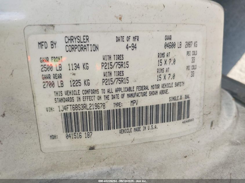 1994 Jeep Cherokee Sport VIN: 1J4FT68S3RL219678 Lot: 43226294