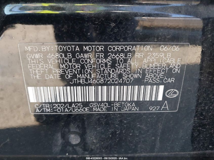 2007 Lexus Es 350 VIN: JTHBJ46G872024707 Lot: 43226303