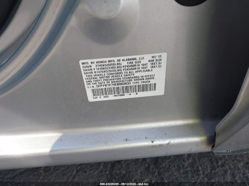 2014 Honda Ridgeline Sport VIN: 5FPYK1F74EB002633 Lot: 43226305