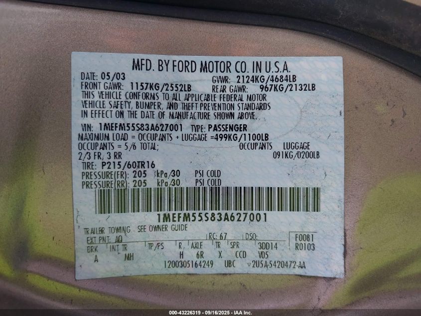 2003 Mercury Sable Ls Premium VIN: 1MEFM55S83A627001 Lot: 43226319