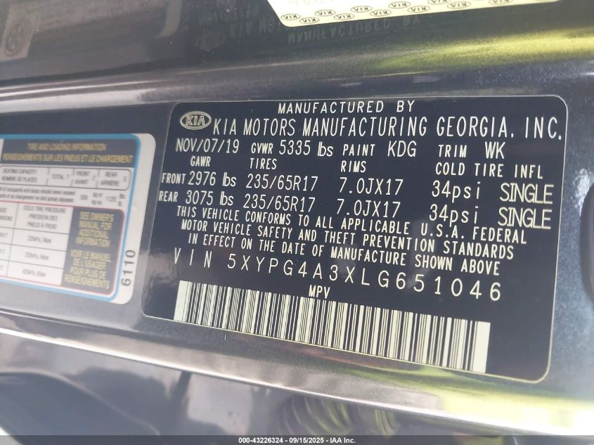 2020 Kia Sorento 2.4L Lx VIN: 5XYPG4A3XLG651046 Lot: 43226324