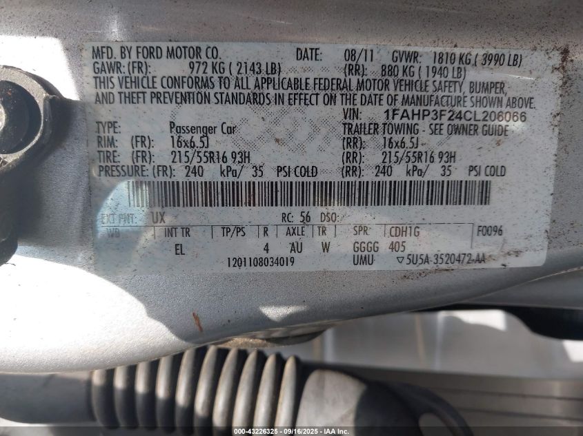 2012 Ford Focus Se VIN: 1FAHP3F24CL206066 Lot: 43226325