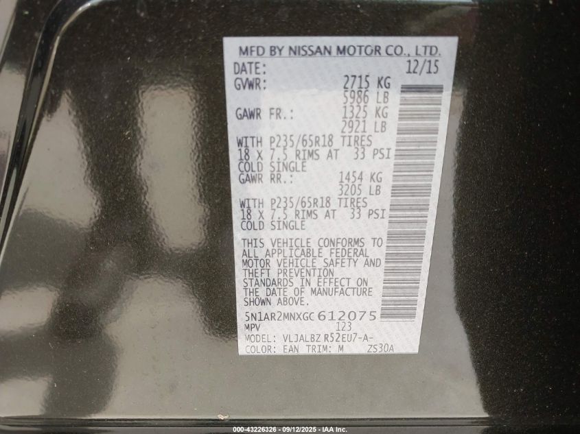 2016 Nissan Pathfinder S VIN: 5N1AR2MNXGC612075 Lot: 43226326