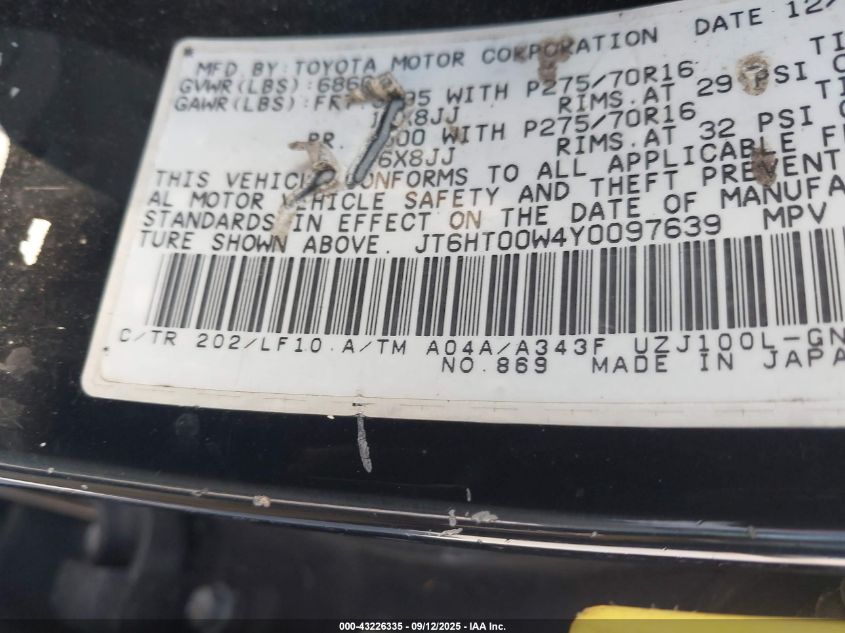 2000 Lexus Lx 470 VIN: JT6HT00W4Y0097639 Lot: 43226335