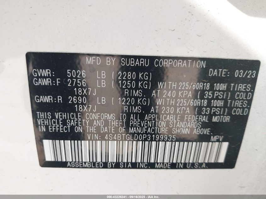 2023 Subaru Outback Onyx Edition Xt VIN: 4S4BTGLD0P3199935 Lot: 43226341