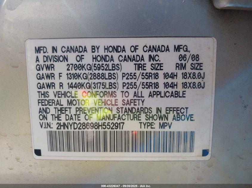 2008 Acura Mdx Technology Package VIN: 2HNYD28698H552917 Lot: 43226347