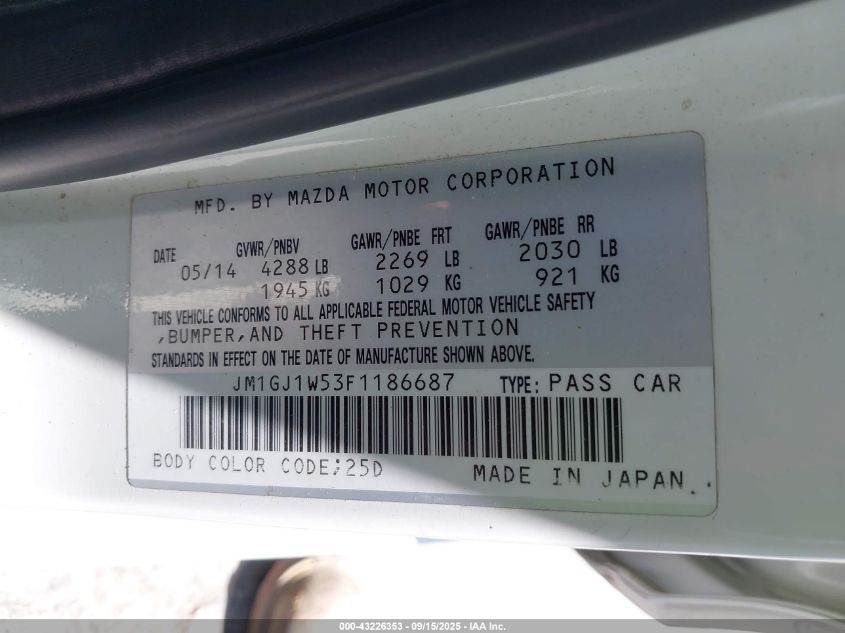 2015 Mazda Mazda6 I Grand Touring VIN: JM1GJ1W53F1186687 Lot: 43226353