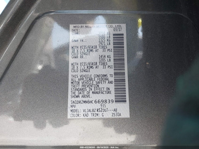 2017 NISSAN PATHFINDER S 5N1DR2MN6HC669839