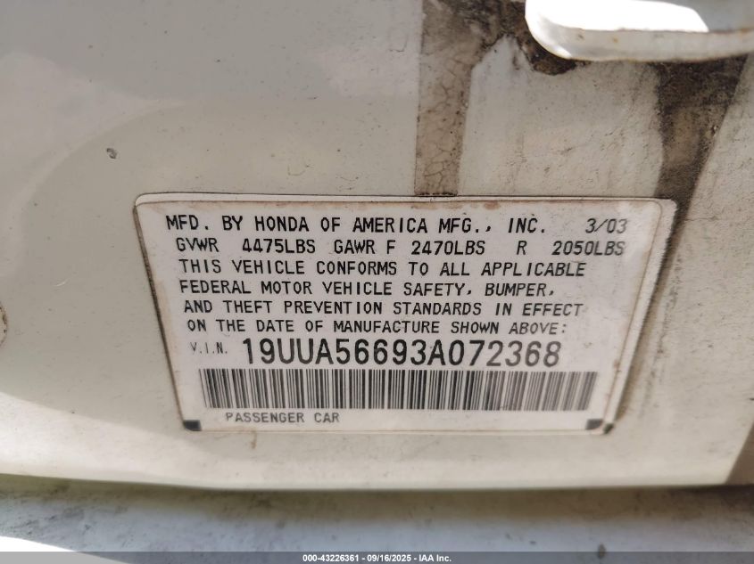 2003 Acura Tl 3.2 VIN: 19UUA56693A072368 Lot: 43226361