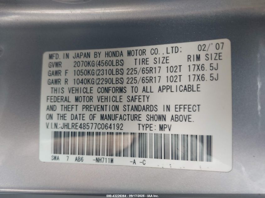 2007 Honda Cr-V Ex VIN: JHLRE48577C064192 Lot: 43226364