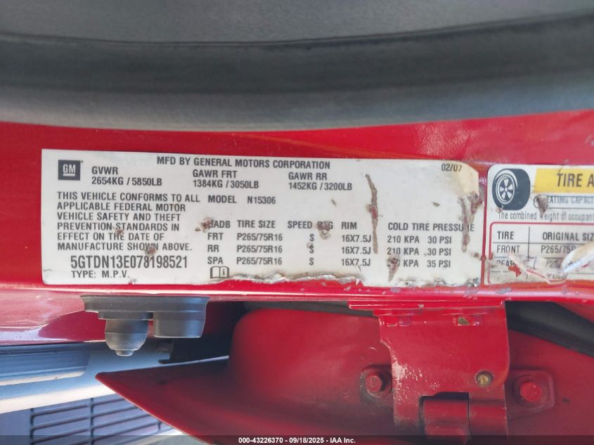 2007 Hummer H3 Suv VIN: 5GTDN13E078198521 Lot: 43226370