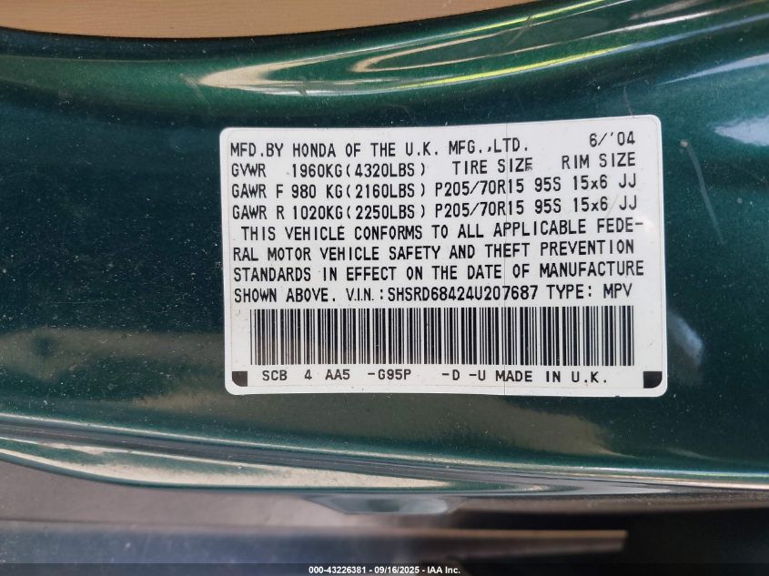 2004 Honda Cr-V Lx VIN: SHSRD68424U207687 Lot: 43226381