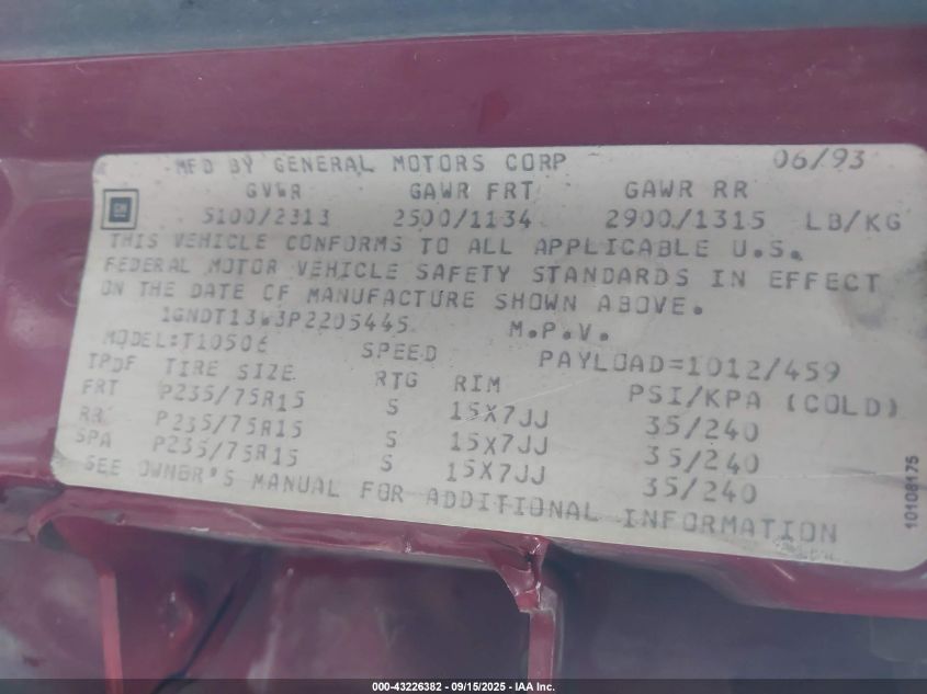 1993 Chevrolet Blazer S10 VIN: 1GNDT13W3P2205445 Lot: 43226382