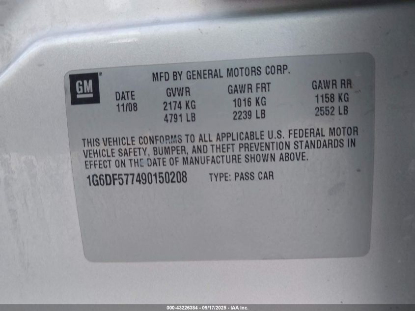 2009 Cadillac Cts Standard VIN: 1G6DF577490150208 Lot: 43226384