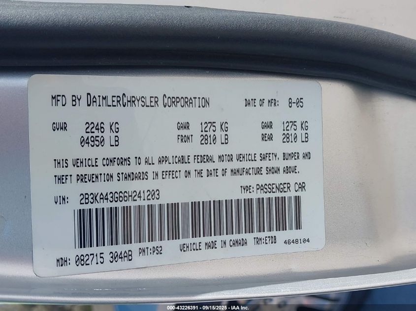 2006 Dodge Charger VIN: 2B3KA43G66H241203 Lot: 43226391