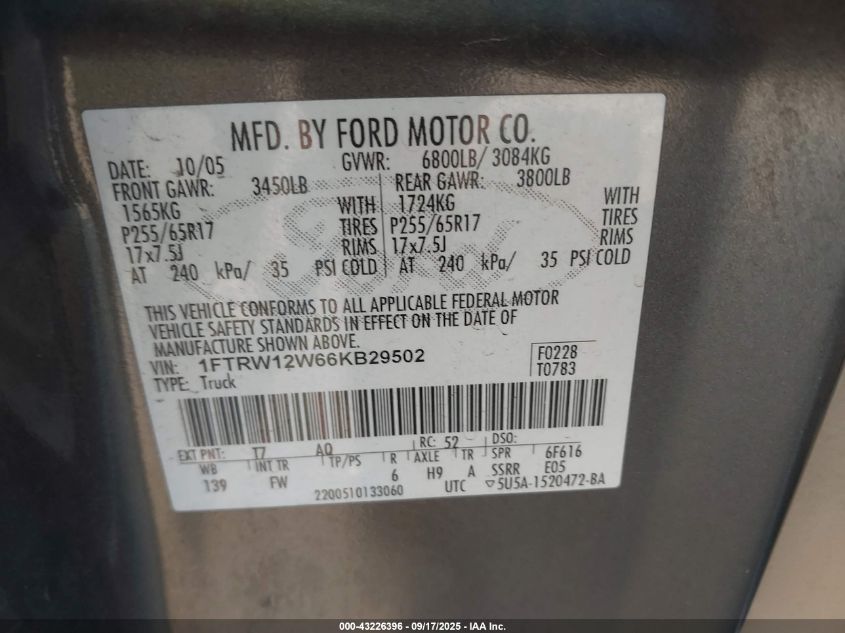 2006 Ford F-150 Xlt VIN: 1FTRW12W66KB29502 Lot: 43226396