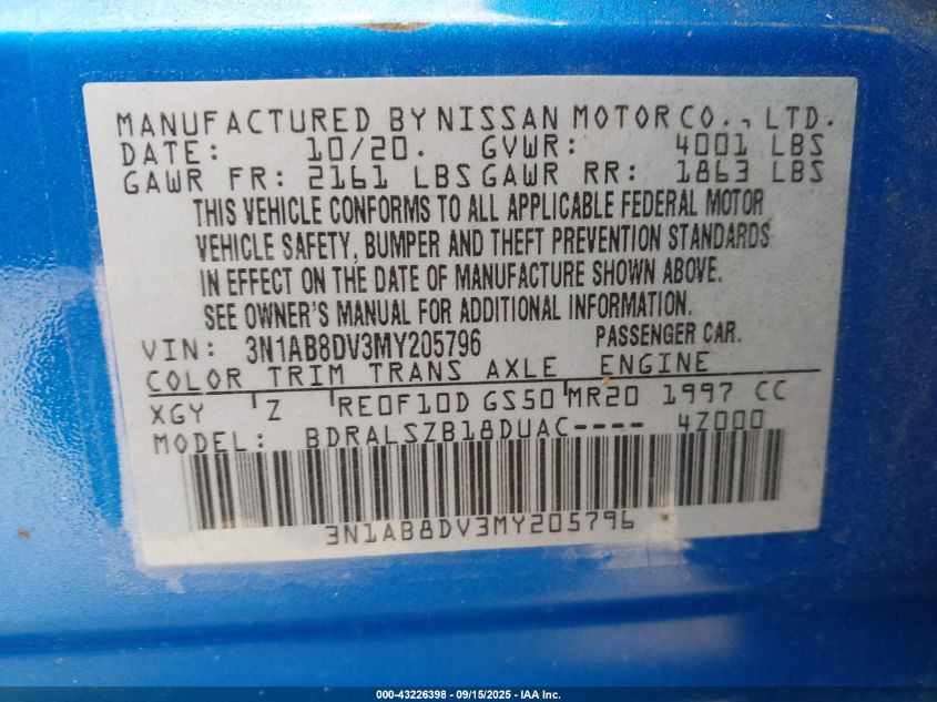 2021 Nissan Sentra Sr Xtronic Cvt VIN: 3N1AB8DV3MY205796 Lot: 43226398