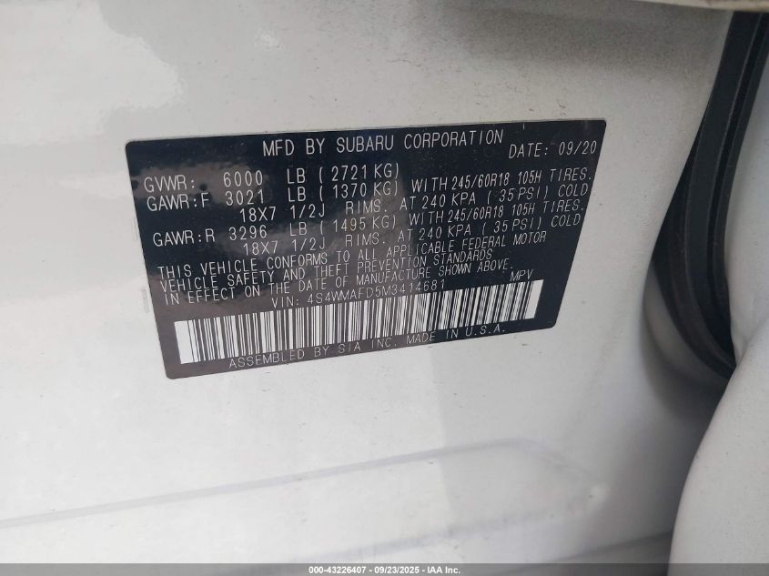 2021 Subaru Ascent Premium VIN: 4S4WMAFD5M3414681 Lot: 43226407