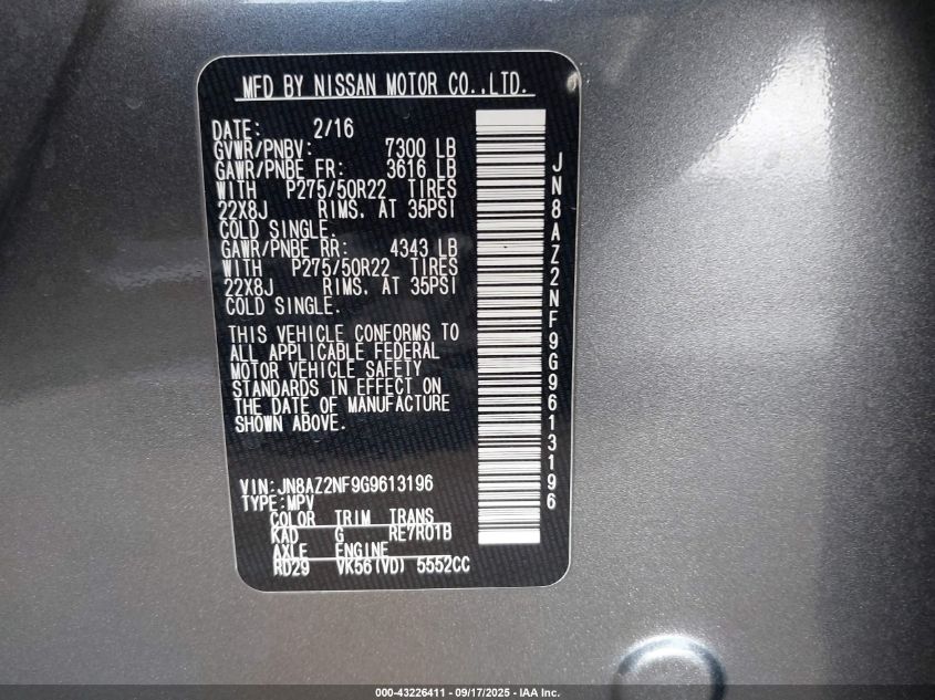 2016 Infiniti Qx80 VIN: JN8AZ2NF9G9613196 Lot: 43226411