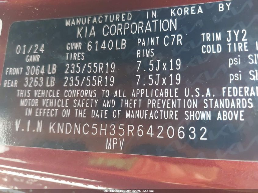 2024 Kia Carnival Mpv Ex VIN: KNDNC5H35R6420632 Lot: 43226415