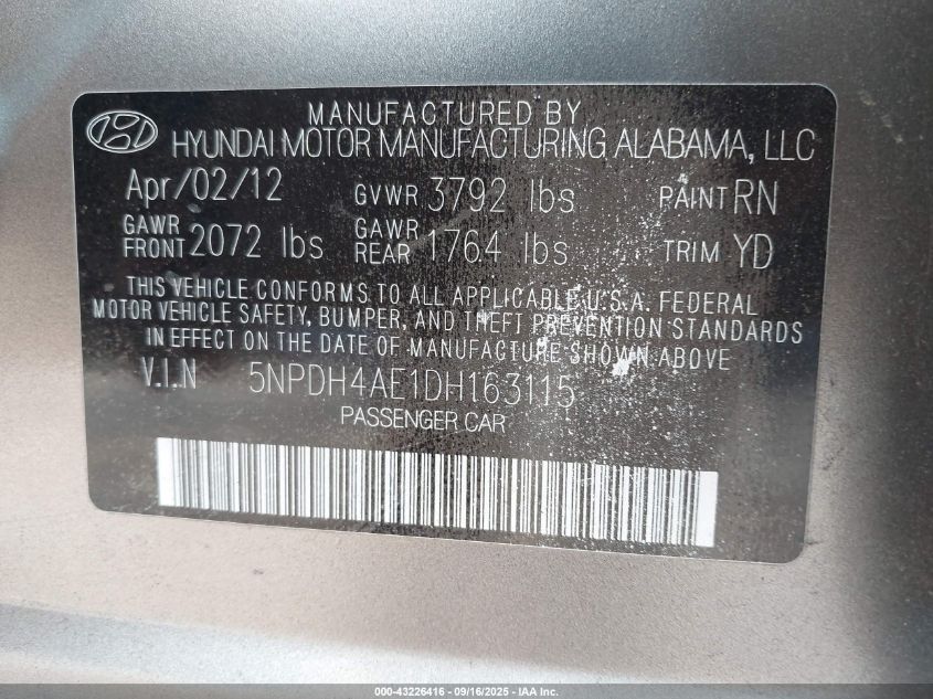 2013 Hyundai Elantra Gls VIN: 5NPDH4AE1DH163115 Lot: 43226416