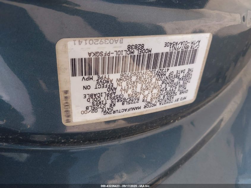 2000 Toyota Sienna Le VIN: 4T3ZF13C9YU262706 Lot: 43226423