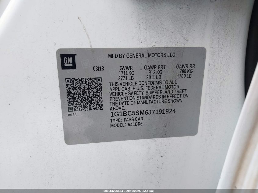 2018 Chevrolet Cruze Ls Auto VIN: 1G1BC5SM6J7191924 Lot: 43226434