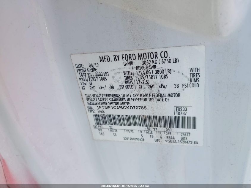 2012 Ford F-150 Xl VIN: 1FTMF1CM6CKD70785 Lot: 43226442