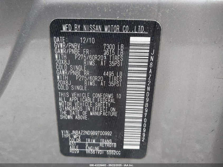 2011 Infiniti Qx56 VIN: JN8AZ2ND9B9700992 Lot: 43226463