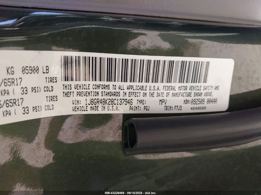 2008 Jeep Grand Cherokee Laredo VIN: 1J8GR48K28C137946 Lot: 43226469
