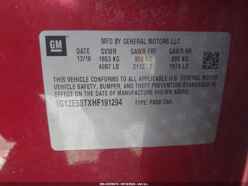 2017 Chevrolet Malibu 1Lt VIN: 1G1ZE5STXHF191294 Lot: 43226474