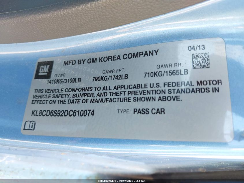 2013 Chevrolet Spark 1Lt Auto VIN: KL8CD6S92DC610074 Lot: 43226477