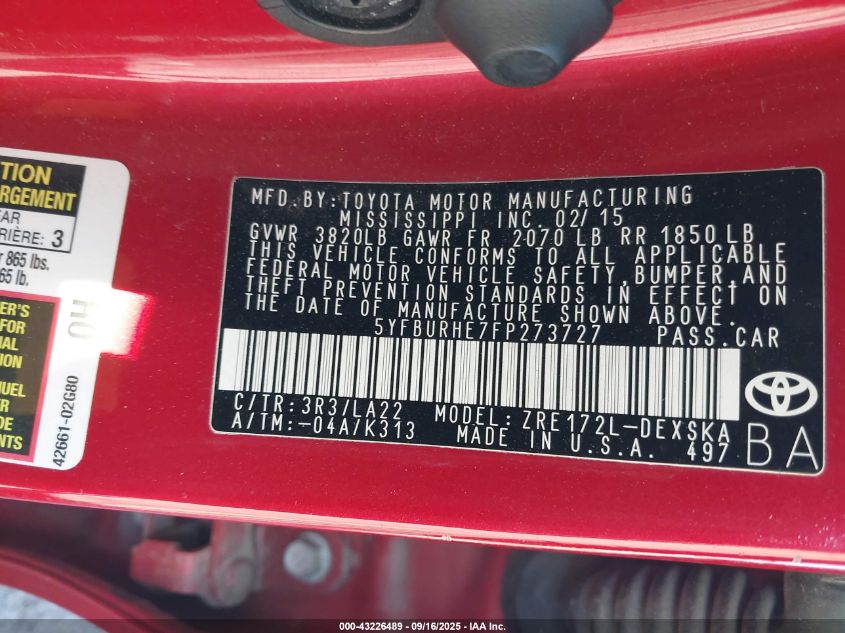 2015 Toyota Corolla S Premium VIN: 5YFBURHE7FP273727 Lot: 43226489