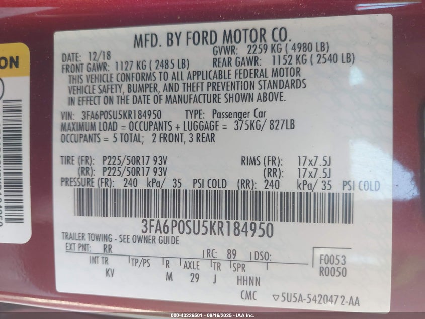 2019 FORD FUSION ENERGI TITANIUM - 3FA6P0SU5KR184950